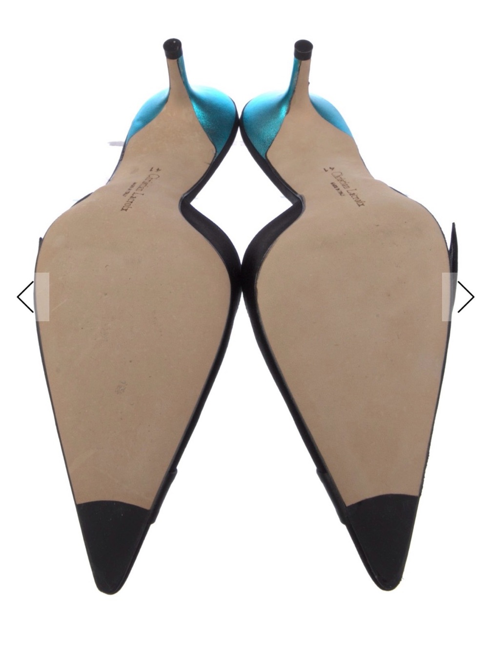 Christian Lacroix Black Satin Pointed-Toe Mules with Turquoise Insole - Picture 5 of 5